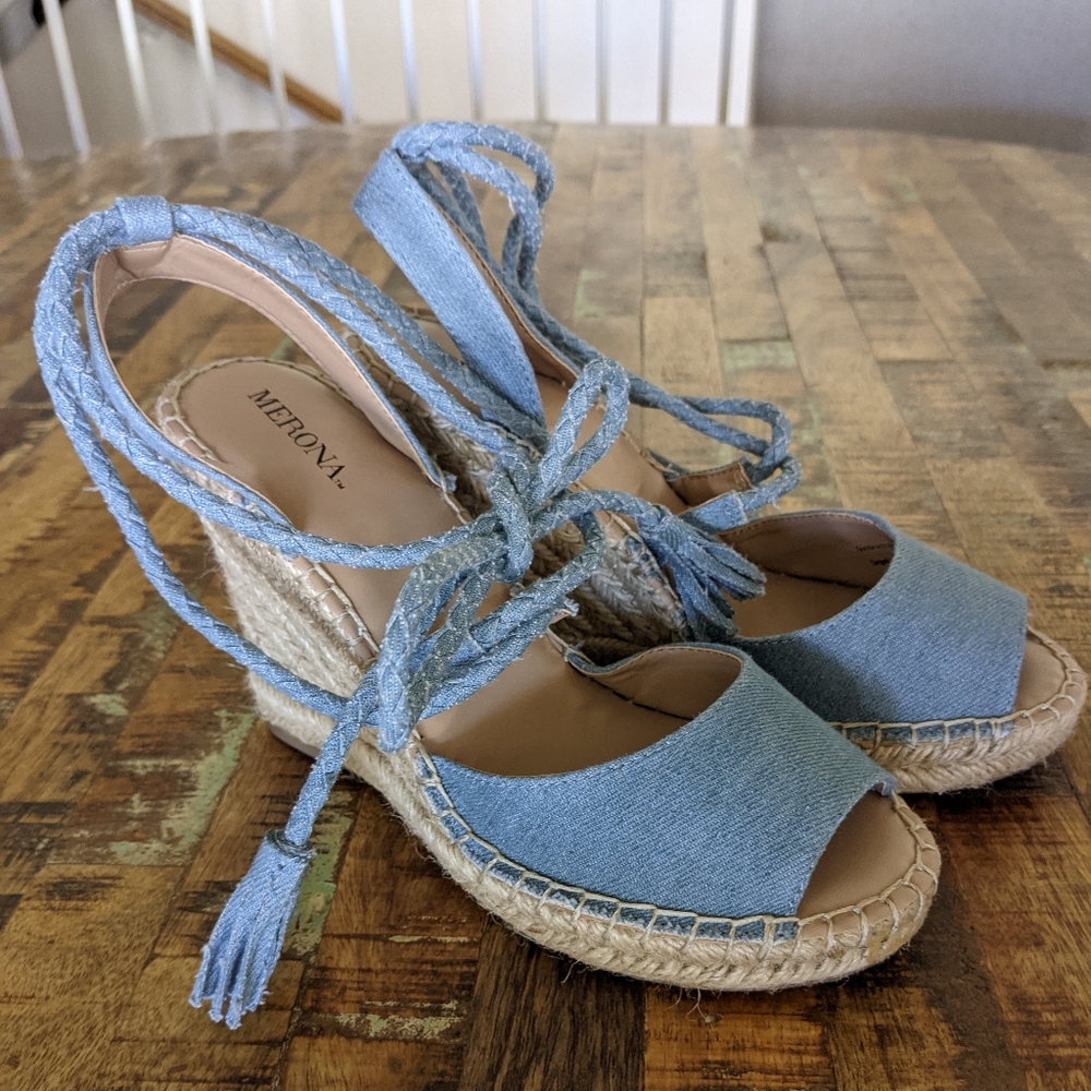 Merona Women's Wedge Sandals Size 7 Blue Tan